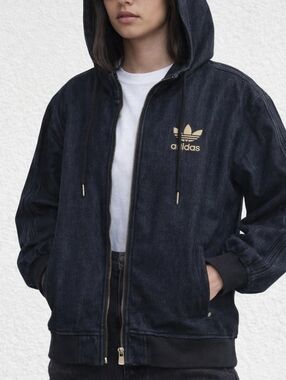 Adidas Black Denim Zip Hoodie ✦ Gold Trefoil ✦ Unisex Oversized L Y2K